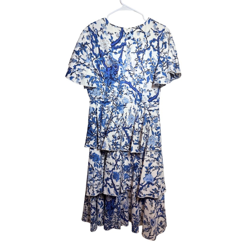 Floral Blue White Print Tiered Ruffle Midi Dress Womens Large